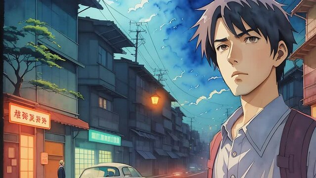 Young man in the city in anime style video