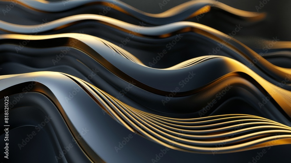 Poster this image features a sleek, abstract design with undulating waves in black and gold, conveying a se