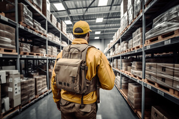 Warehouse worker in the logistics aisles with shelves full of parcels. Industry and storage concept.