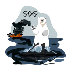 Oil spill in sea and dirty bear. Environment disaster, ocean pollution, ecology catastrophe concept. Vector cartoon illustration
