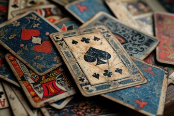 A close up of a pile of playing cards on a table