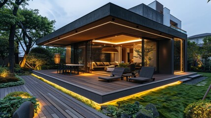 Modern home garden with a clean-lined wooden deck, minimalist outdoor furniture, and subtle lighting