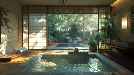 Modern Japanese bathroom featuring a deep tub, bamboo accents, and sliding shoji doors