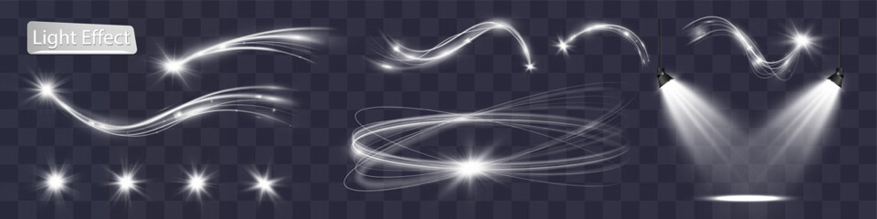 Light white wave and spotlight,meteor shine effect,vector glow line sparkle shine. Silver wavy effects