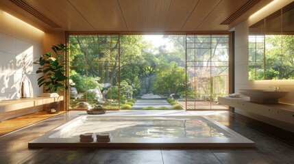 Modern Japanese bathroom with a soaking tub, shoji screens, and a serene garden view