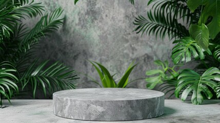 Round gray stone cosmetics product advertising podium stand with tropical leaves background. Empty natural stone pedestal platform to display beauty product. Mockup