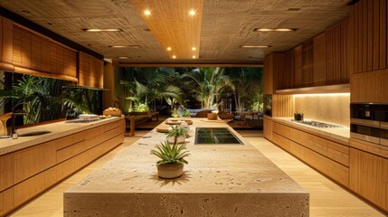 Modern Japanese kitchen with bamboo accents, a large island, and stone countertops