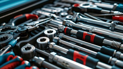 Fototapeta premium A toolbox filled with essential tools used by mechanics to diagnose and repair engine problems