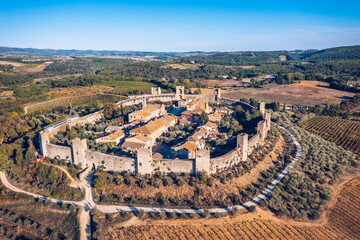 Beautiul aerial view of Monteriggioni, Tuscany medieval town on the hill. Tuscan scenic landscape...