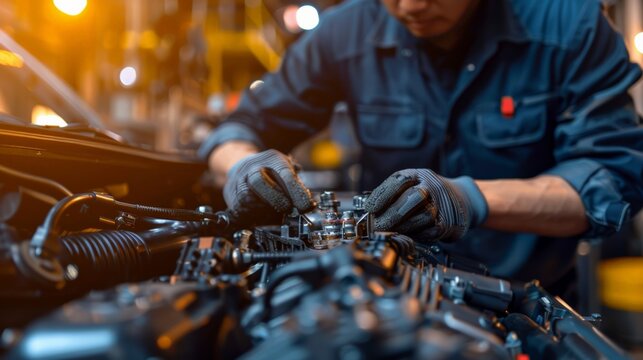 mechanic demonstrating the proper use of specialized tools for repairing automotive engines
