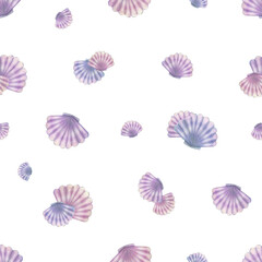 Seashells scallops in blue, lilac and pink colors on a white background. Watercolor illustration. Seamless pattern. For fabrics, textiles and wallpaper, prints, wrapping paper and design