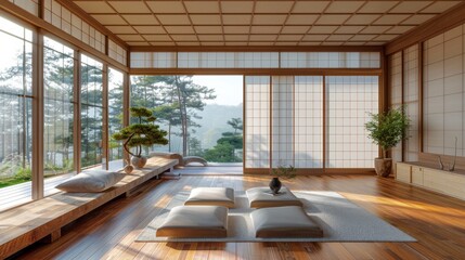 Modern Japanese living room with sliding shoji doors, a wooden bench, and a minimalist design
