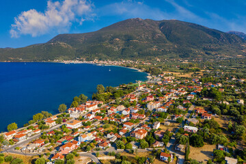 Obraz premium Aerial view of Karavomylos city, famous for Melissani Lake Cave, Kefalonia, Greece.