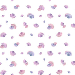 Seashells scallops in blue, lilac and pink colors on a white background. Watercolor illustration. Seamless pattern. For fabrics, textiles and wallpaper, prints, wrapping paper and design