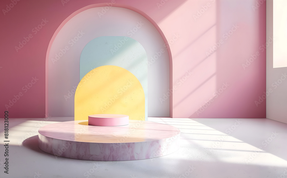 Poster abstract minimal concept. pastel bright arch colour background with podium stage, geometric shiny ma