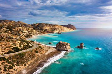 Petra tou Romiou (Aphrodite's Rock) the birthplace of Aphrodite, Paphos, Cyprus. Aerial view of...