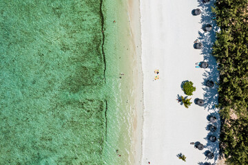 Ile aux Cerfs island with idyllic beach scene, aquamarine sea and soft sand, Ile aux Cerfs,...