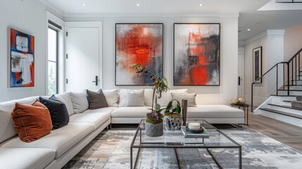 Modern living room featuring a stylish sectional sofa, glass coffee table, and abstract artwork