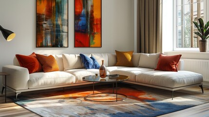 Modern living room featuring a stylish sectional sofa, glass coffee table, and abstract artwork