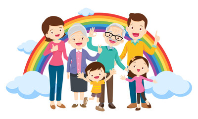 Happy big family in front of house ,rainbow