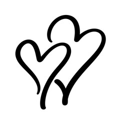 Two black drawn hearts in calligraphy style isolated on a white background.