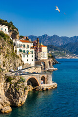 View of Atrani famous coastal village located on Amalfi Coast, Italy. Small town Atrani on Amalfi...