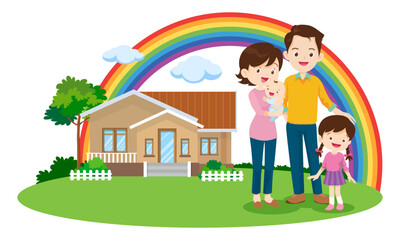 Happy big family in front of house ,rainbow