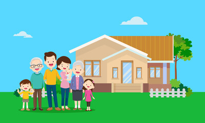 Happy big family in front of house ,rainbow