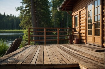 wooden house in the woods and lake