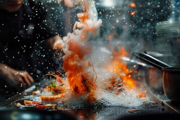 Dynamic Representation of Seafood Cooking with Vivid Flames and Splashing Water