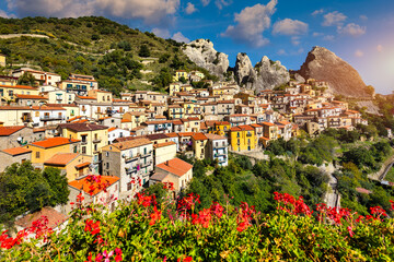 The picturesque village of Castelmezzano, province of Potenza, Basilicata, Italy. Cityscape aerial...