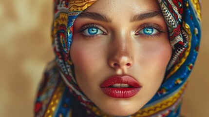Obraz premium Striking Portrait of Exotic Woman with Blue Eyes and Colorful Headscarf