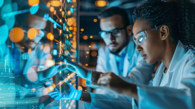 Researchers using advanced lab equipment, overlaid with market trends and financial data