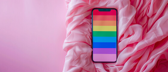 A smartphone with the screen showing colors of rainbow flag, placed on pink fabric in front of a plain pastel pink background, pride month celebration banner wallpaper