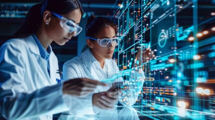 Researchers working on a biotech project, overlaid with digital financial data and partnership documents