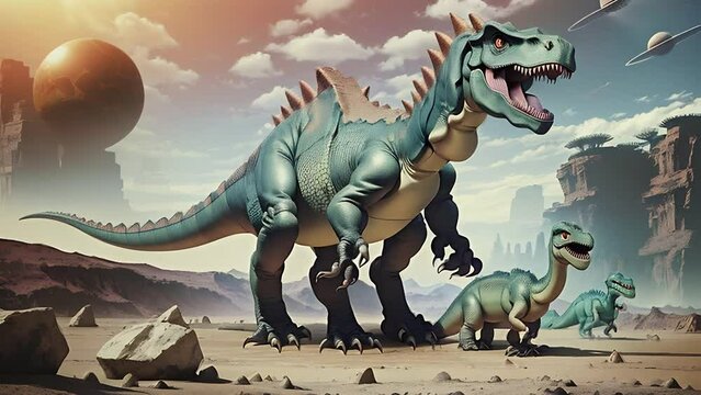 Tyrannosaurus rex in the desert, dinosaur, stone age, era of dinosaurs, horizontal video, jurassic world