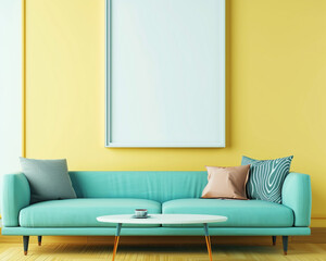 Minimalist living room with a single blank frame on a lemon yellow wall, teal sofa, and minimalist table.