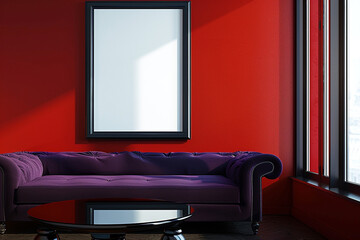 Minimalist interior with one large frame on a deep red wall, plush purple sofa, and a high-gloss black table.