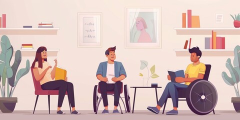 Fototapeta premium A group of diverse people sitting in a room and reading books.