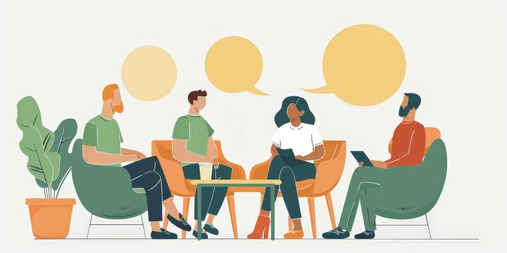 A group of diverse people sitting in chairs and talking to each other.
