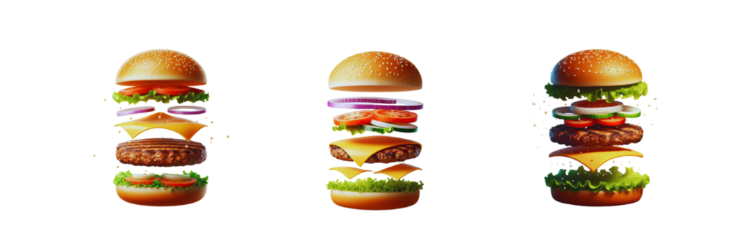 Set of A floating unassembled cheeseburger, isolated over on transparent white background