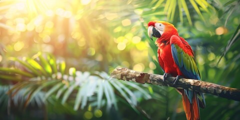 Obraz premium A scarlet macaw parrot perches on a branch in the rainforest.