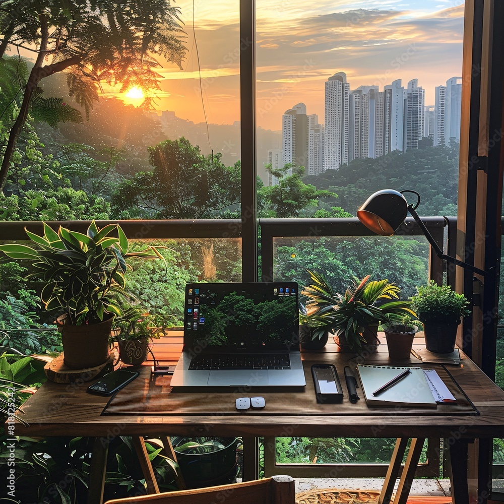 Poster a laptop is on a desk in front of a window with a view of a city and a sunset