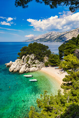 Amazing aerial view of the beautiful Podrace beach in Brela, Makarska Riviera, Croatia. Aerial view...