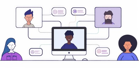 Diverse group of people chatting online using video call on computer.