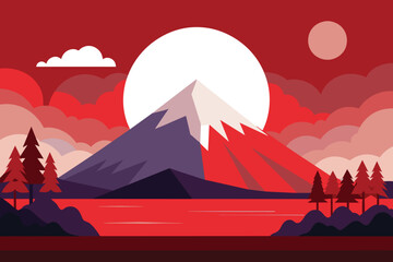 Japan Mount Fuji, autumn season, clear cloudy red sky at dusk, red forest, lake and mountains, moon. Japan nature landscape vector illustration