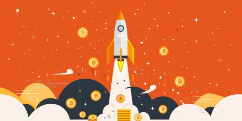 Fototapeta premium Rocket flies among the clouds and stars. Business startup concept.