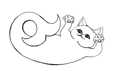 Mermaid kitten with a curved fish tail. A contour of a plump cat plays while lying down. Isolated cartoon black and white image for tattoo. Wallpaper for a good mood. Character for a coloring book.