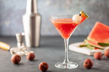 Cold watermelon lychee cocktails  in martini glasses. Summertime refreshment.