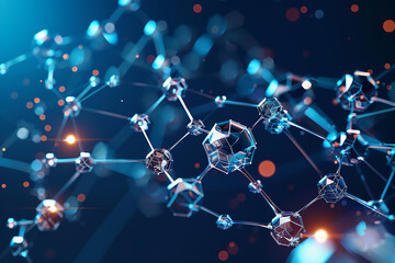 A network of interconnected molecules with metallic and reflective surfaces, set against a dark blue background, and adorned with a digital technology concept through vector design.